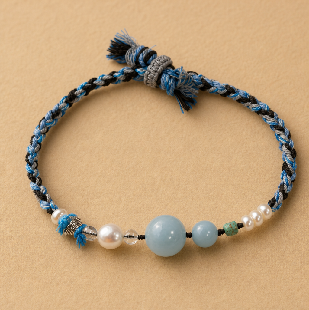 Aquamarine, Pearl & Turquoise Braided Bracelet