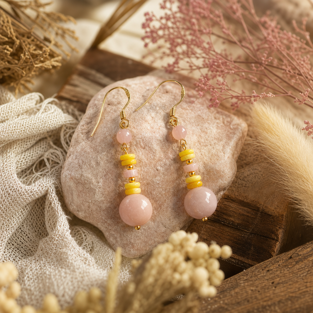 Pink Opal & Honey Amber Drop Earrings | LIUMI
