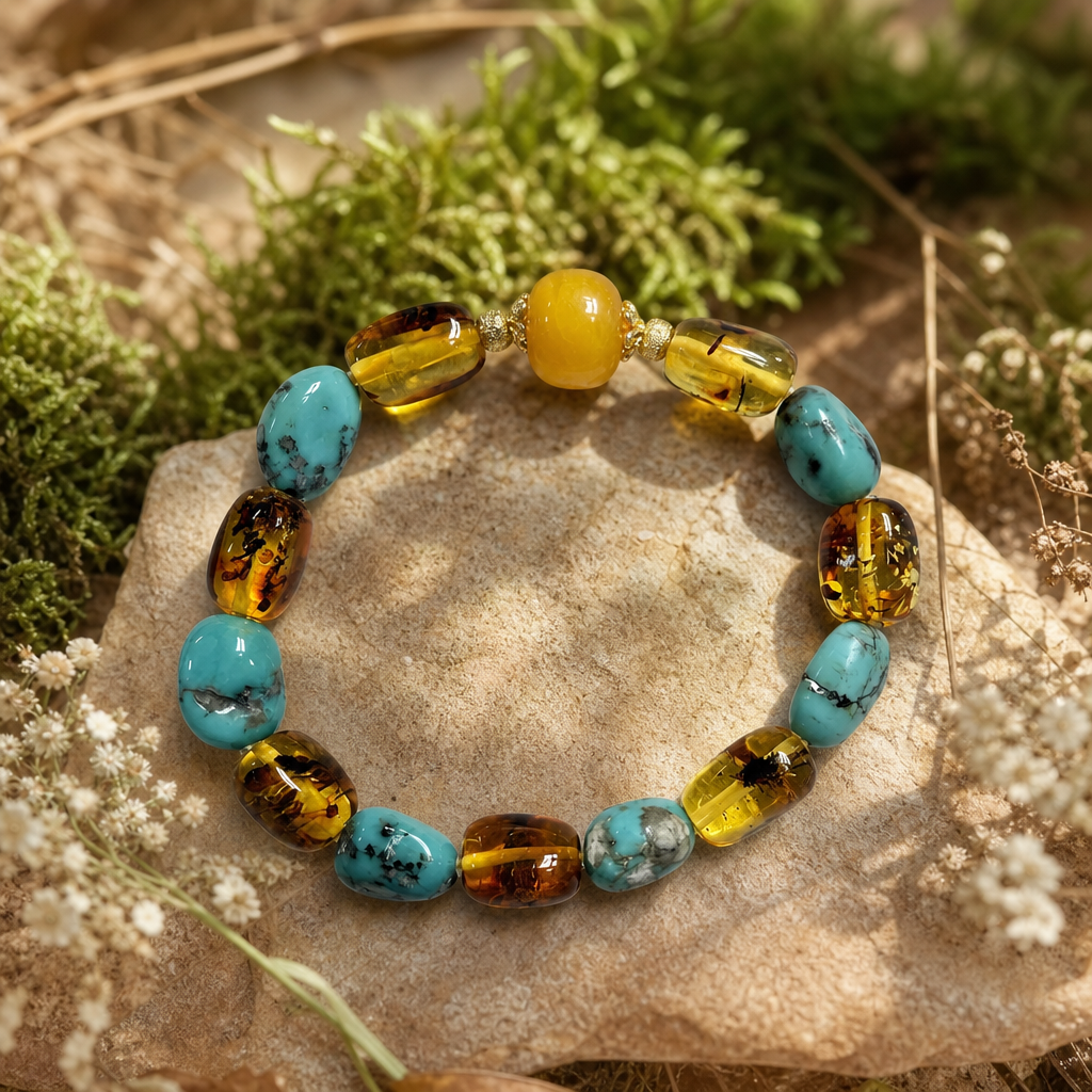 Beeswax Amber, Flower Amber & Turquoise Bracelet | LIUMI