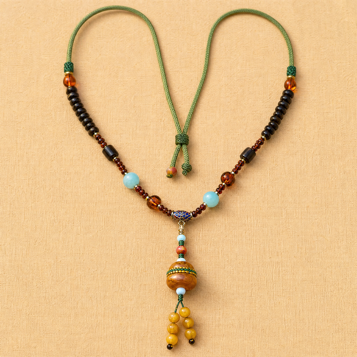 Honey Amber & Amazonite Tassel Pendant Necklace