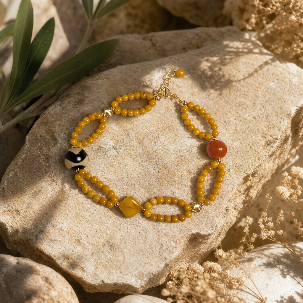 Amber & Dzi-Style Bead Asymmetrical Bracelet | LIUMI