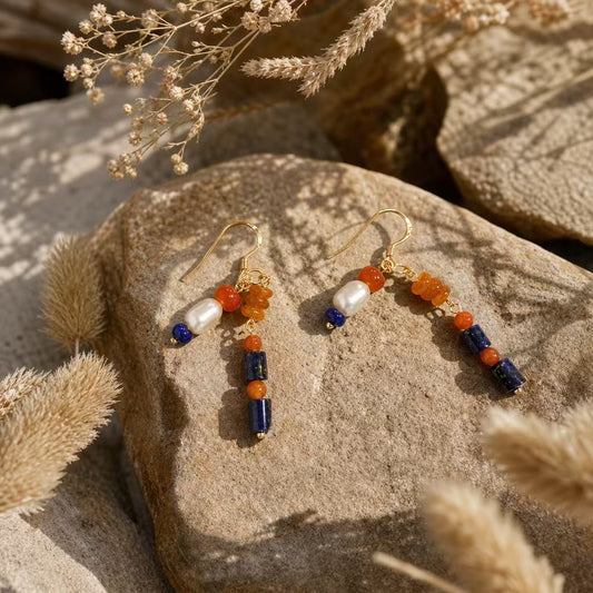 Lapis Lazuli, Amber & Pearl Asymmetrical Earrings | LIUMI