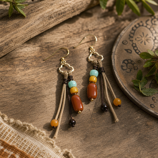 Turquoise, Amber & Nanhong Agate Tassel Earrings | LIUMI