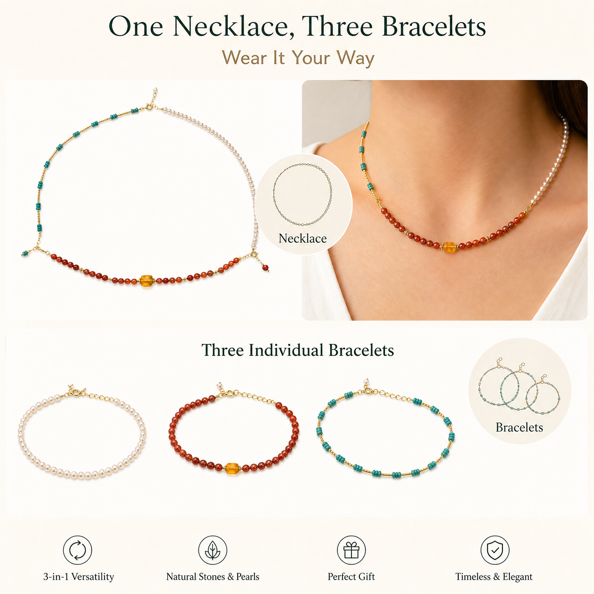 Turquoise, Pearl & Nanhong 3-in-1 Necklace