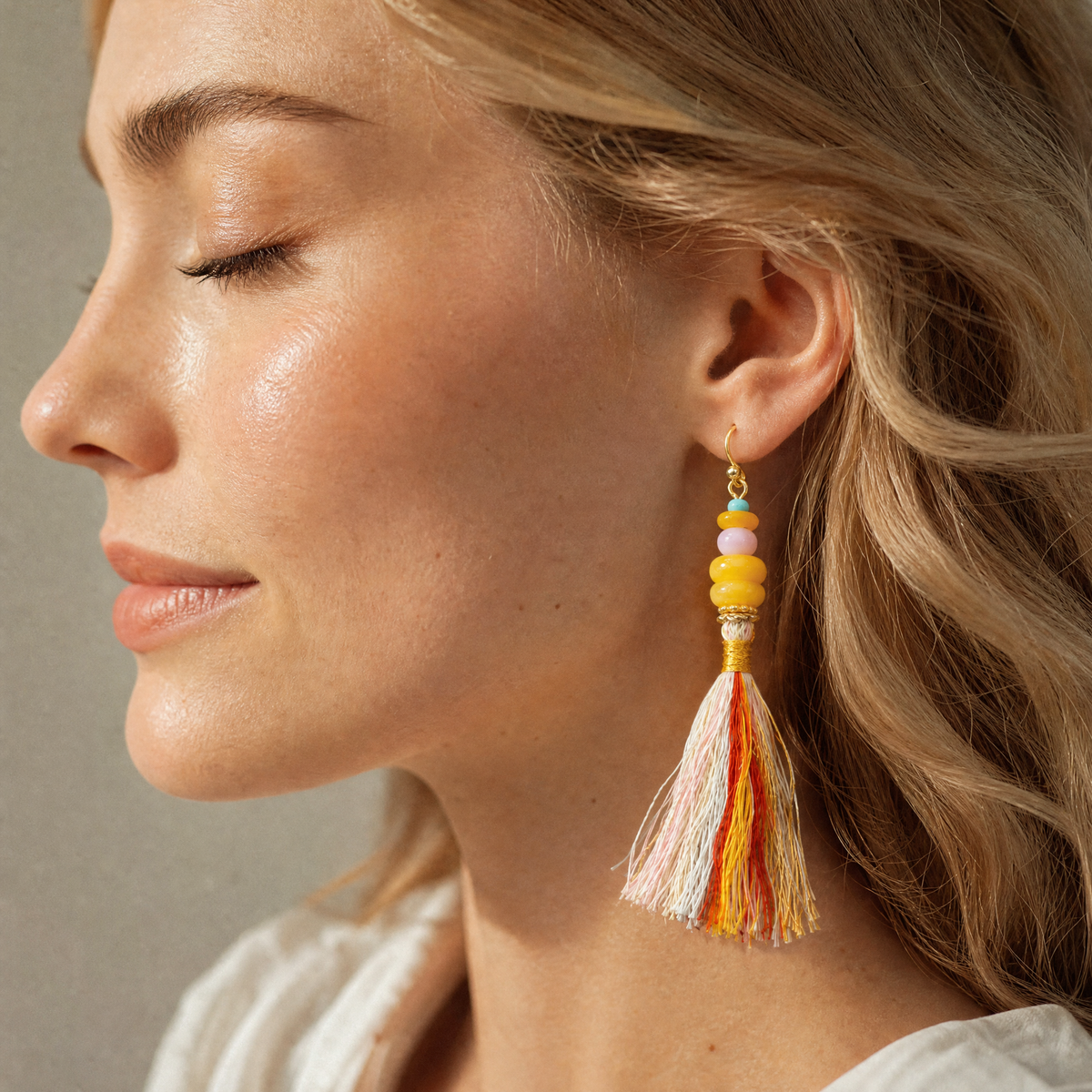 Beeswax Amber & Pink Opal Tassel Earrings