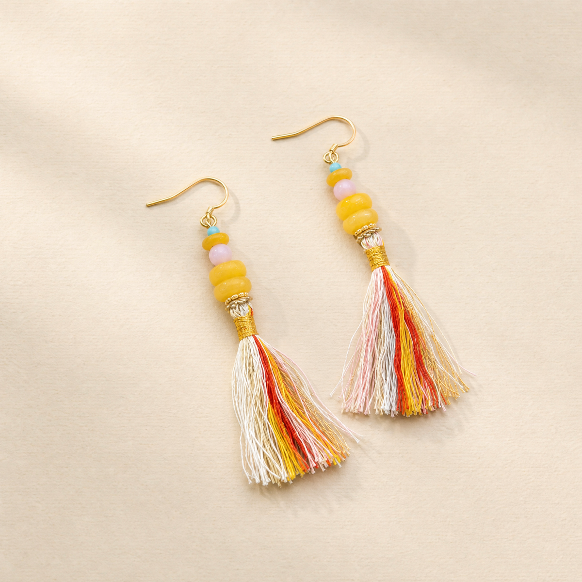 Beeswax Amber & Pink Opal Tassel Earrings