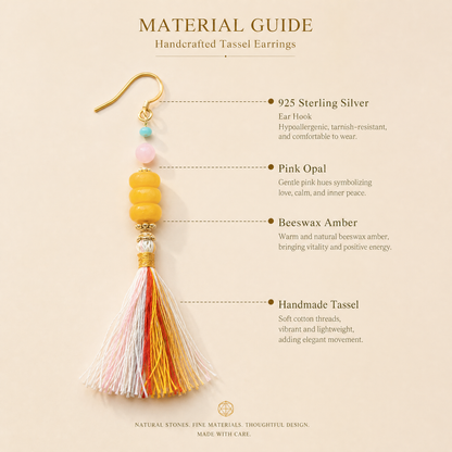 Beeswax Amber & Pink Opal Tassel Earrings