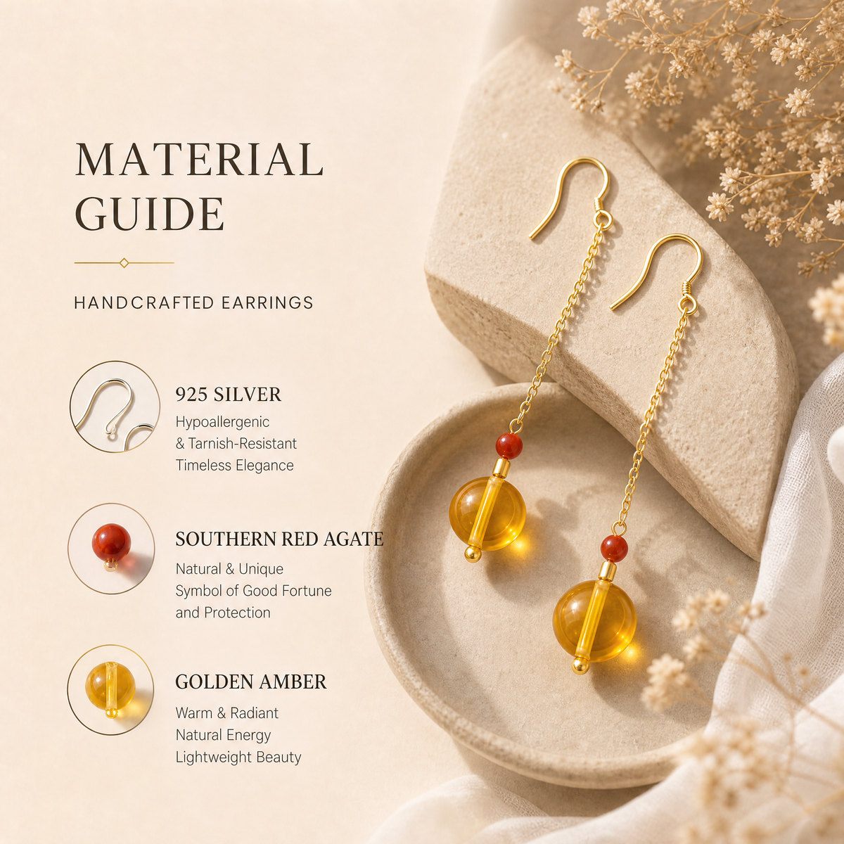 Golden Amber & Southern Red Agate Drop Earrings