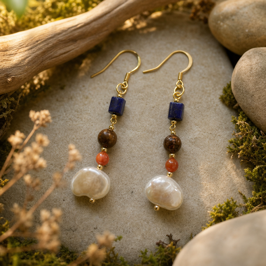 Lapis Lazuli, Amber & Pearl Drop Earrings | LIUMI