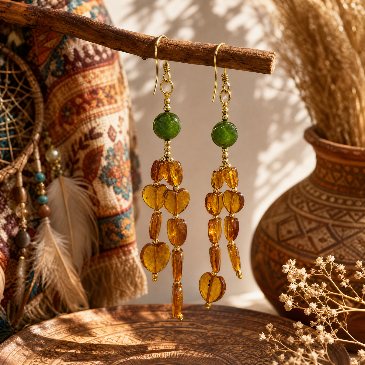 Hetian Jade & Gold Foil Amber Chandelier Earrings