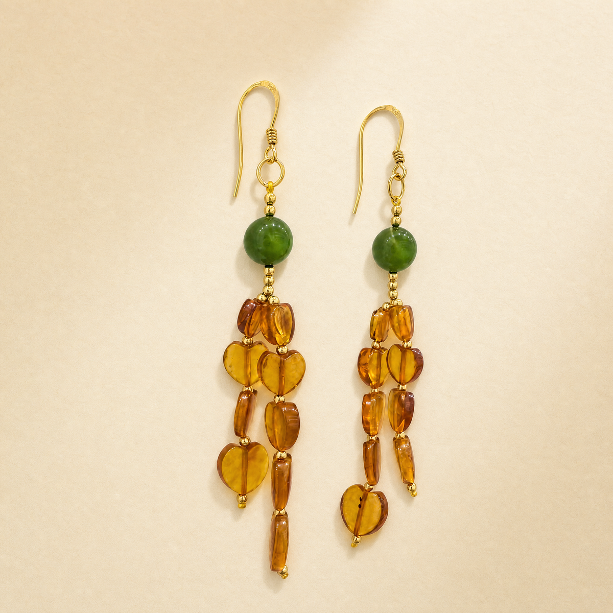 Hetian Jade & Gold Foil Amber Chandelier Earrings