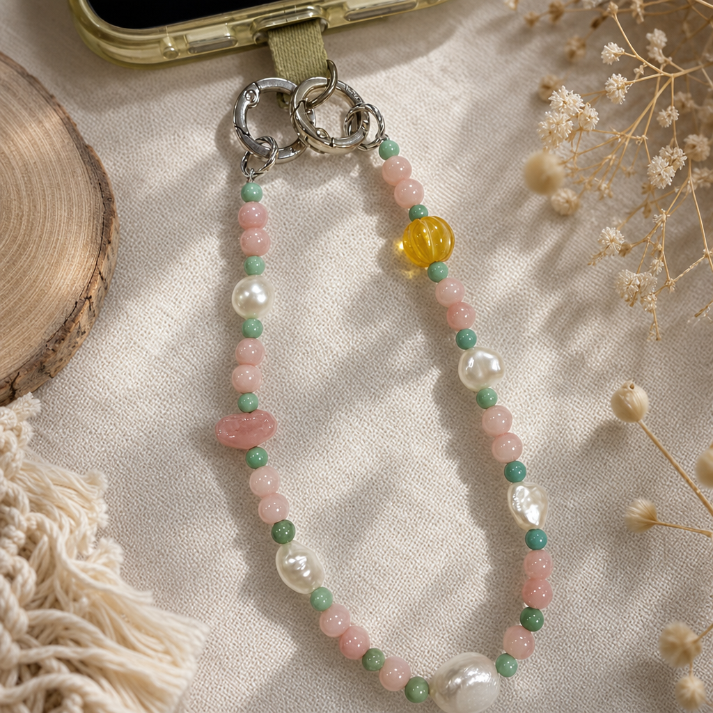 Pink Opal, Jade & Pearl Phone Charm Chain