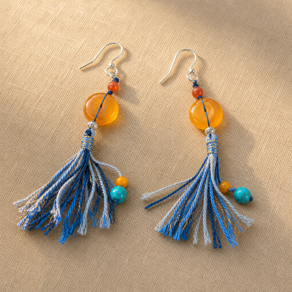 Beeswax Amber & Southern Red Agate Tassel Earrings