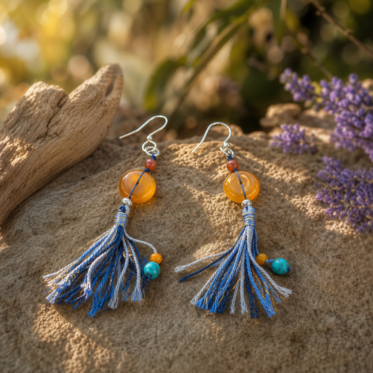 Beeswax Amber & Southern Red Agate Tassel Earrings