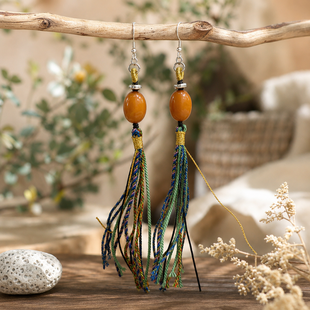 Natural Amber & Braided Tassel Earrings