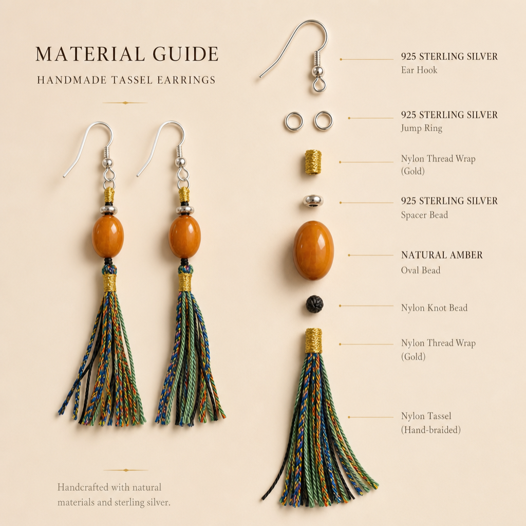Natural Amber & Braided Tassel Earrings