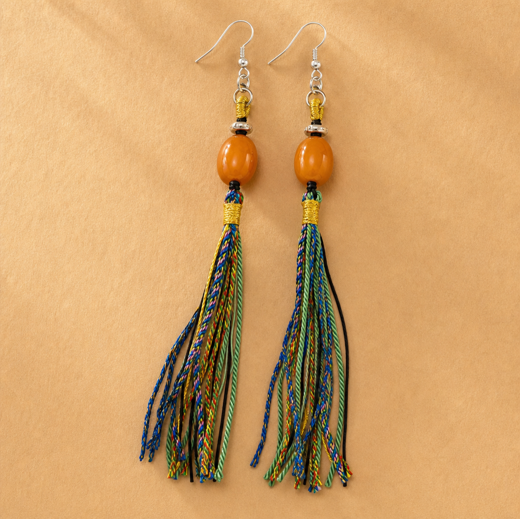 Natural Amber & Braided Tassel Earrings
