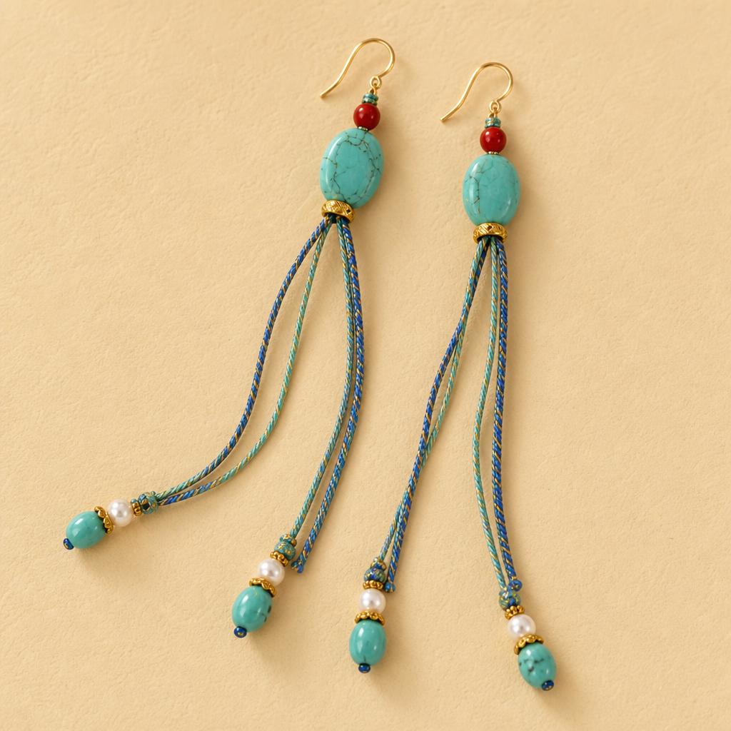 Turquoise & Southern Red Agate Tassel Earrings