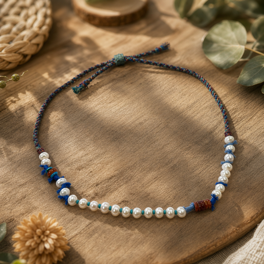 Freshwater Pearl, Turquoise & Amber Braided Necklace