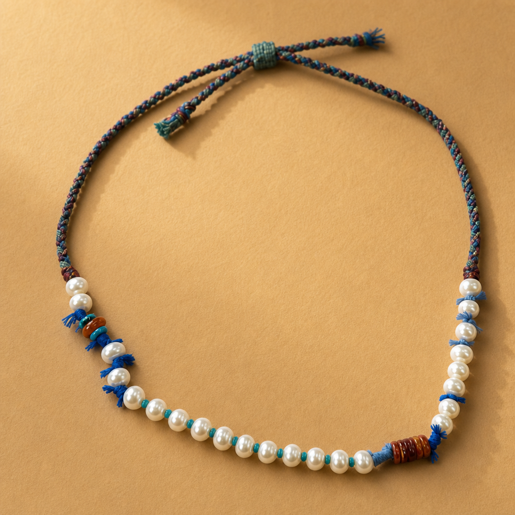 Freshwater Pearl, Turquoise & Amber Braided Necklace
