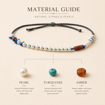 Freshwater Pearl, Turquoise & Amber Braided Necklace