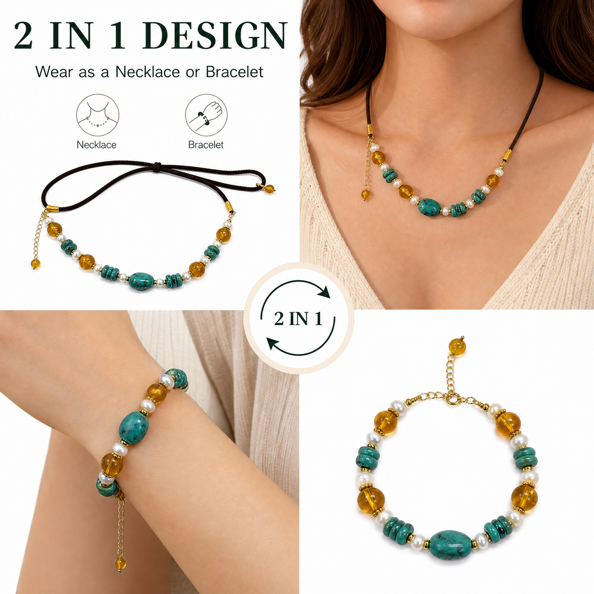 Turquoise & Amber 2-in-1 Necklace & Bracelet