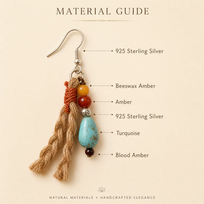 Beeswax Amber, Turquoise & Blood Amber Tassel Earrings