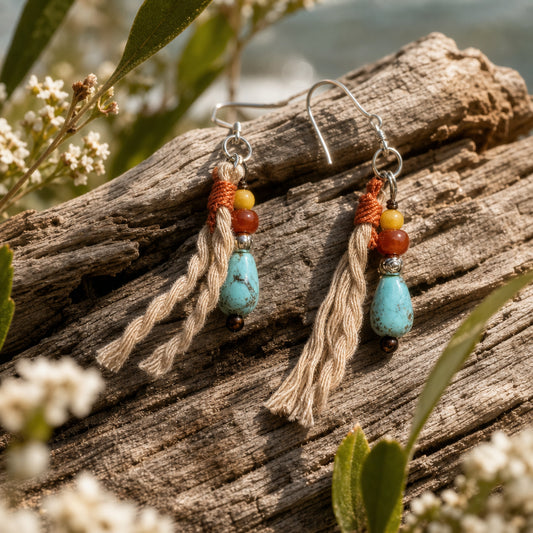 Beeswax Amber, Turquoise & Blood Amber Tassel Earrings