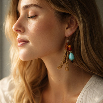 Beeswax Amber, Turquoise & Blood Amber Tassel Earrings