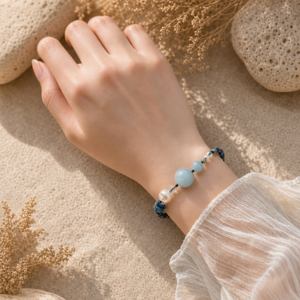 Aquamarine, Pearl & Turquoise Braided Bracelet