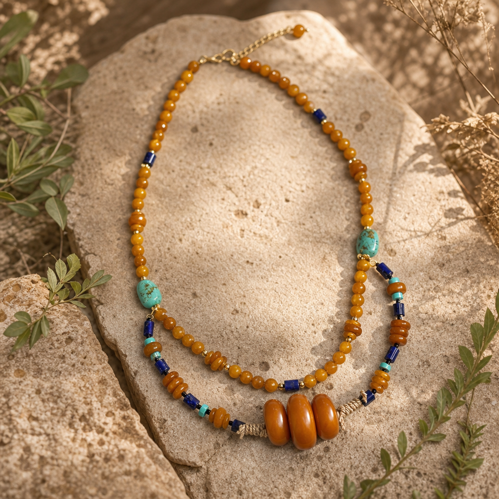 Amber & Lapis Lazuli Double-Strand Necklace | LIUMI