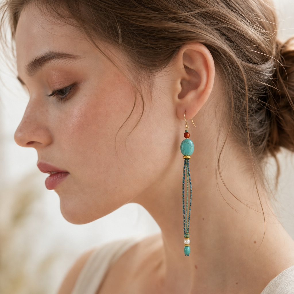 Turquoise & Southern Red Agate Tassel Earrings