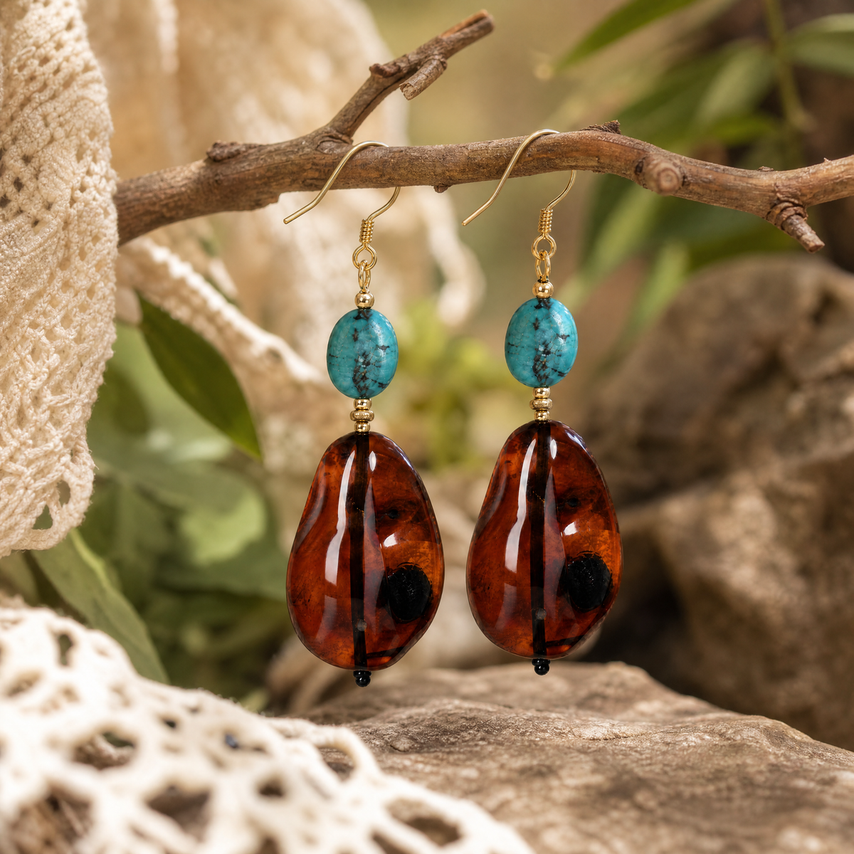 Amber & Turquoise Necklace & Earrings Set