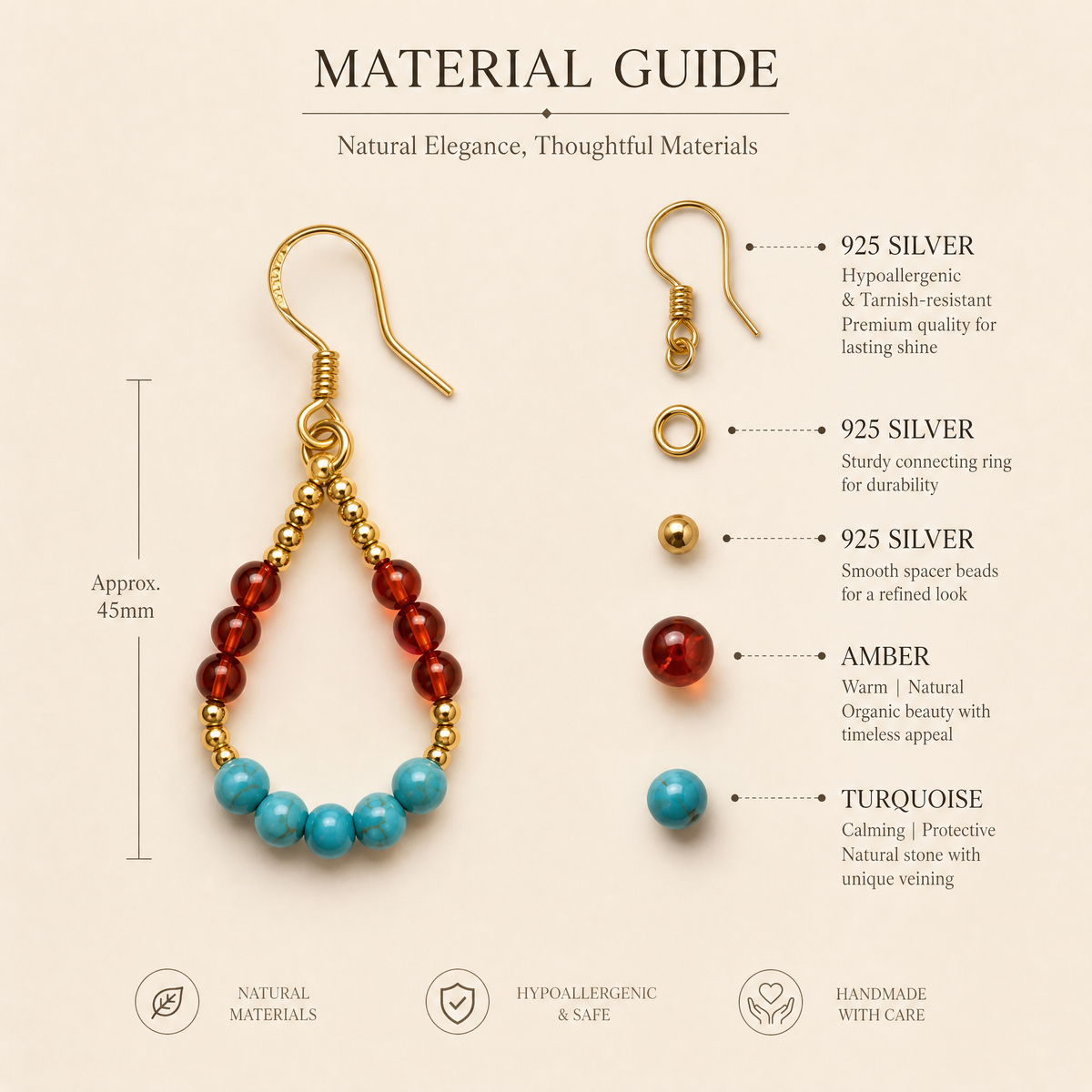 Amber & Turquoise Gold Teardrop Earrings