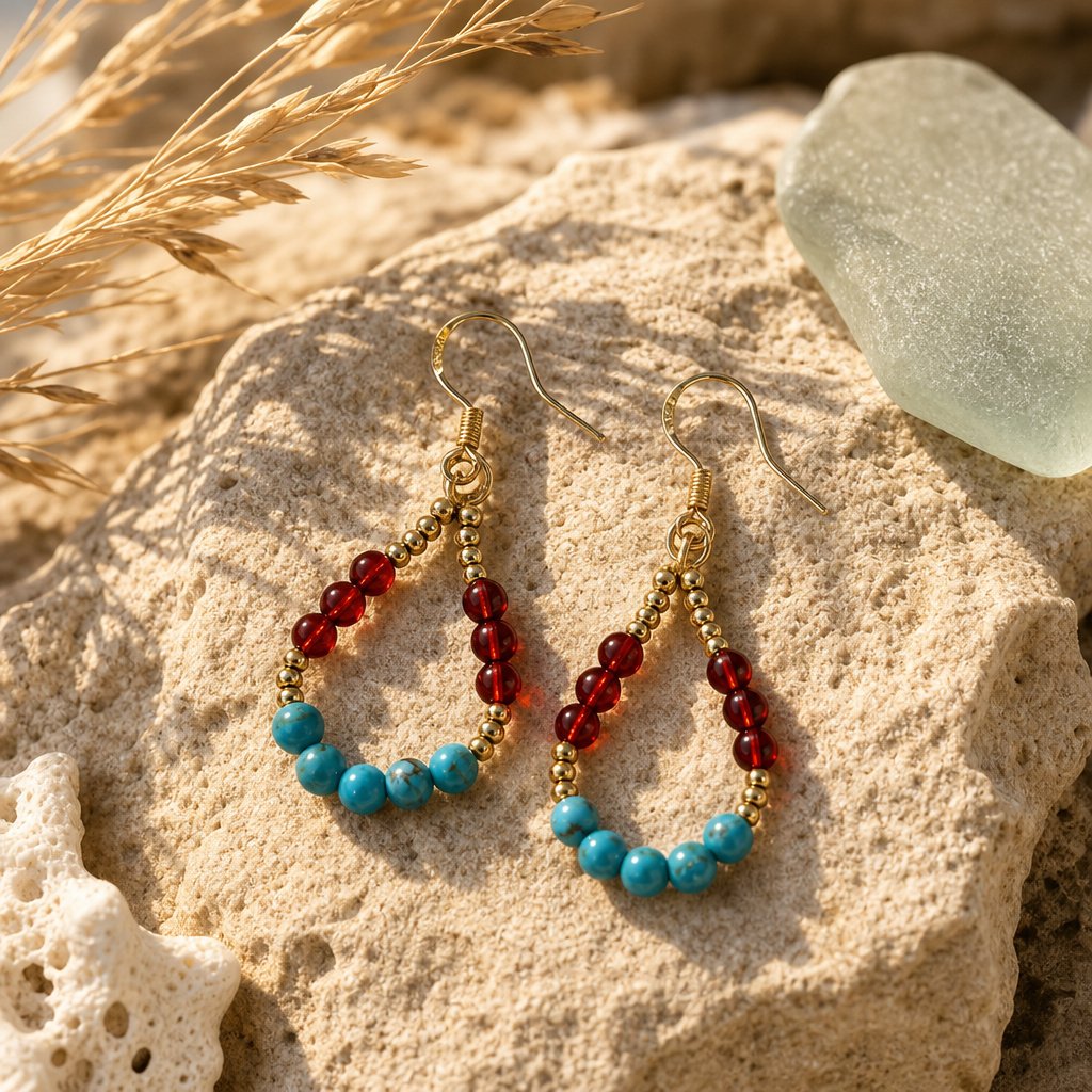 Amber & Turquoise Gold Teardrop Earrings