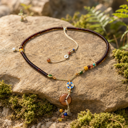 Amber Disc Pendant Necklace with Multi-Gemstone Tassel