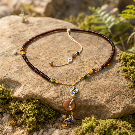 Amber Disc Pendant Necklace with Multi-Gemstone Tassel