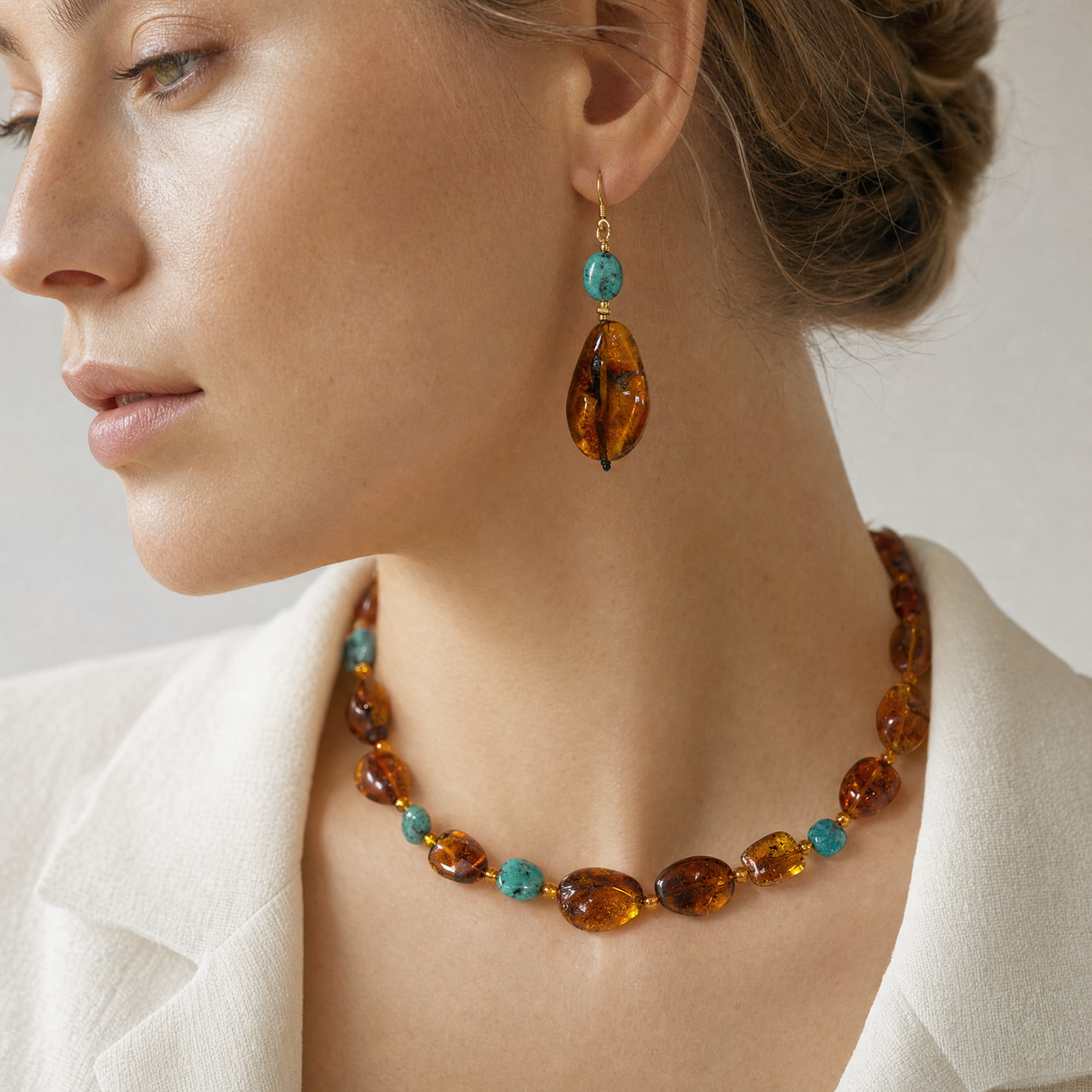 Amber & Turquoise Necklace & Earrings Set