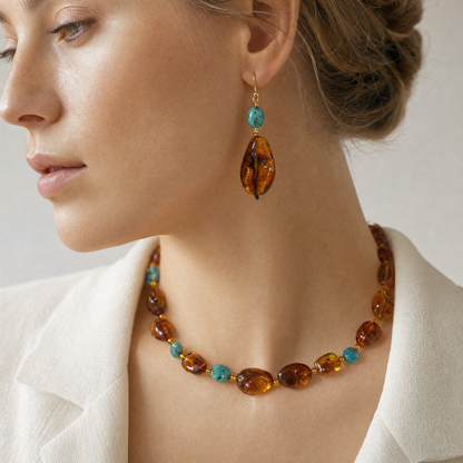 Amber & Turquoise Necklace & Earrings Set