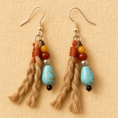 Beeswax Amber, Turquoise & Blood Amber Tassel Earrings