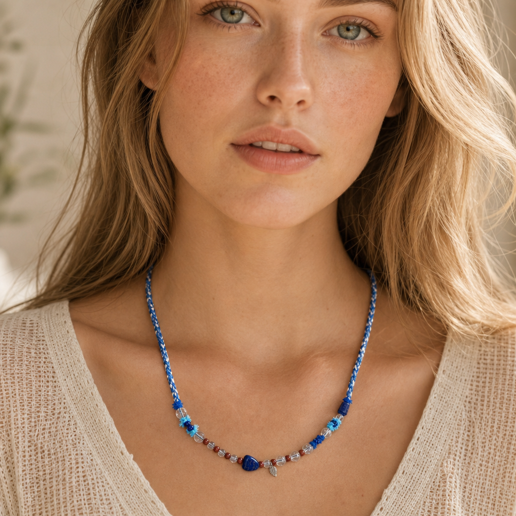 Lapis Lazuli & White Crystal Braided Necklace
