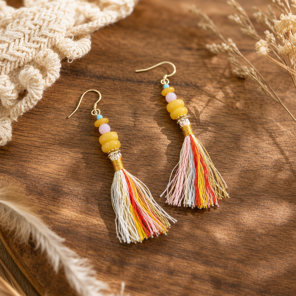 Beeswax Amber & Pink Opal Tassel Earrings
