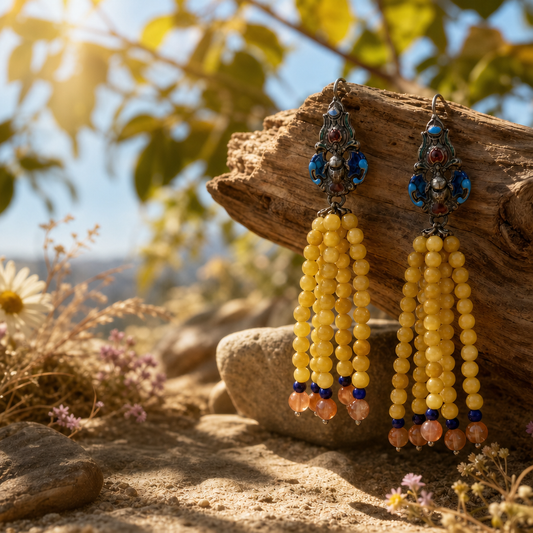 Vintage Enamel & Beeswax Amber Tassel Earrings