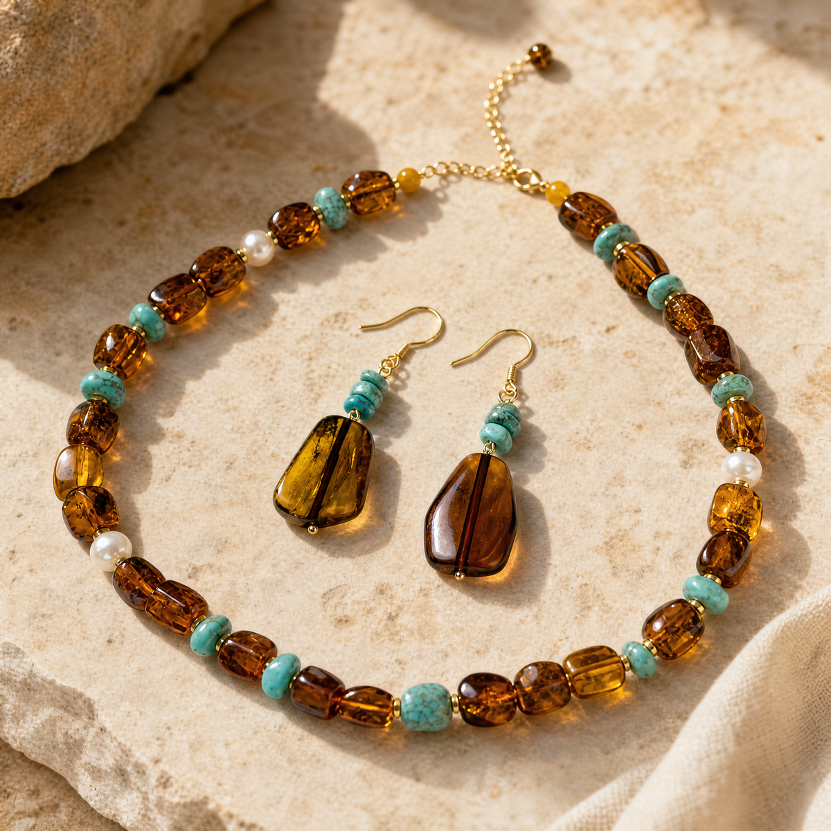 Amber & Turquoise Necklace & Earrings Set