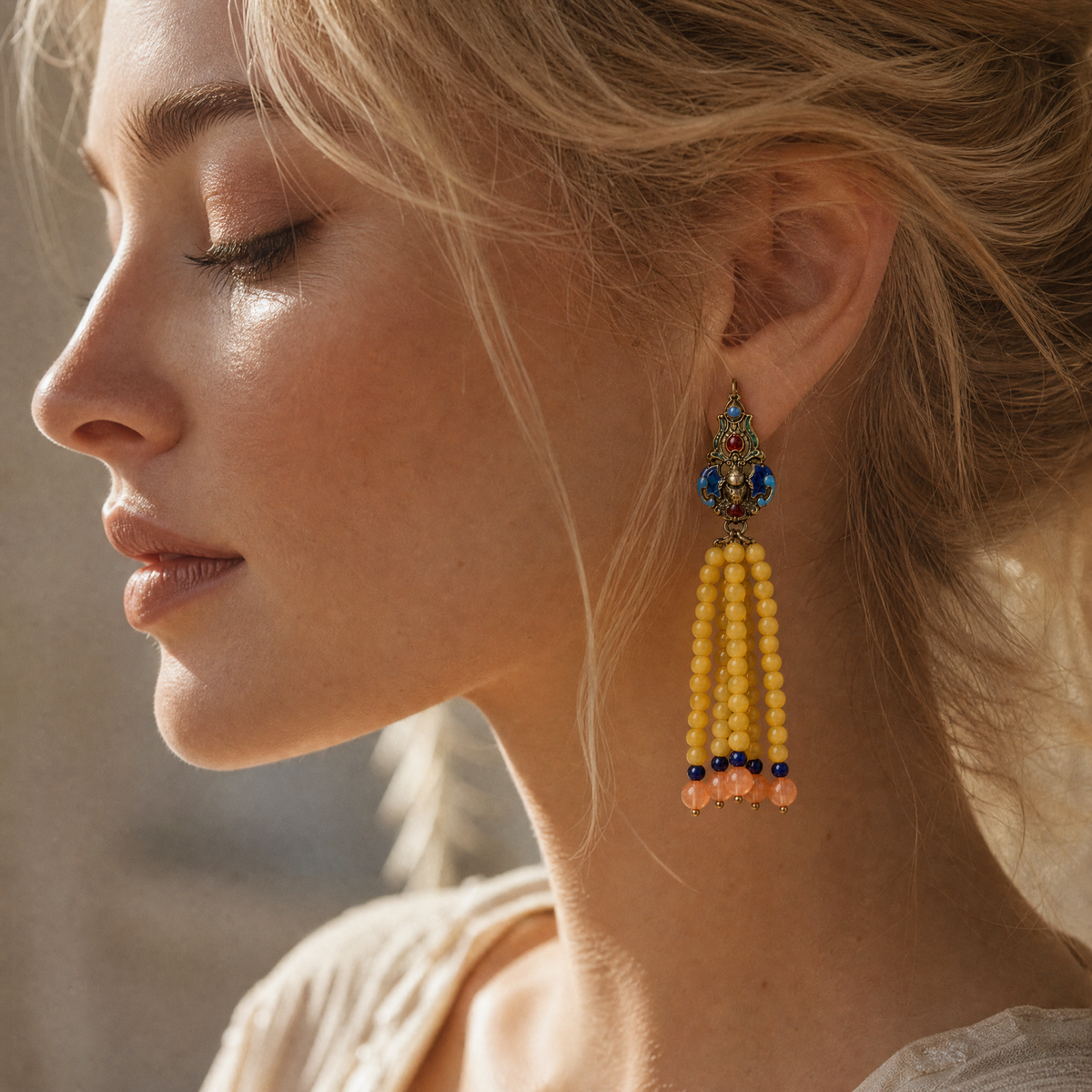 Vintage Enamel & Beeswax Amber Tassel Earrings