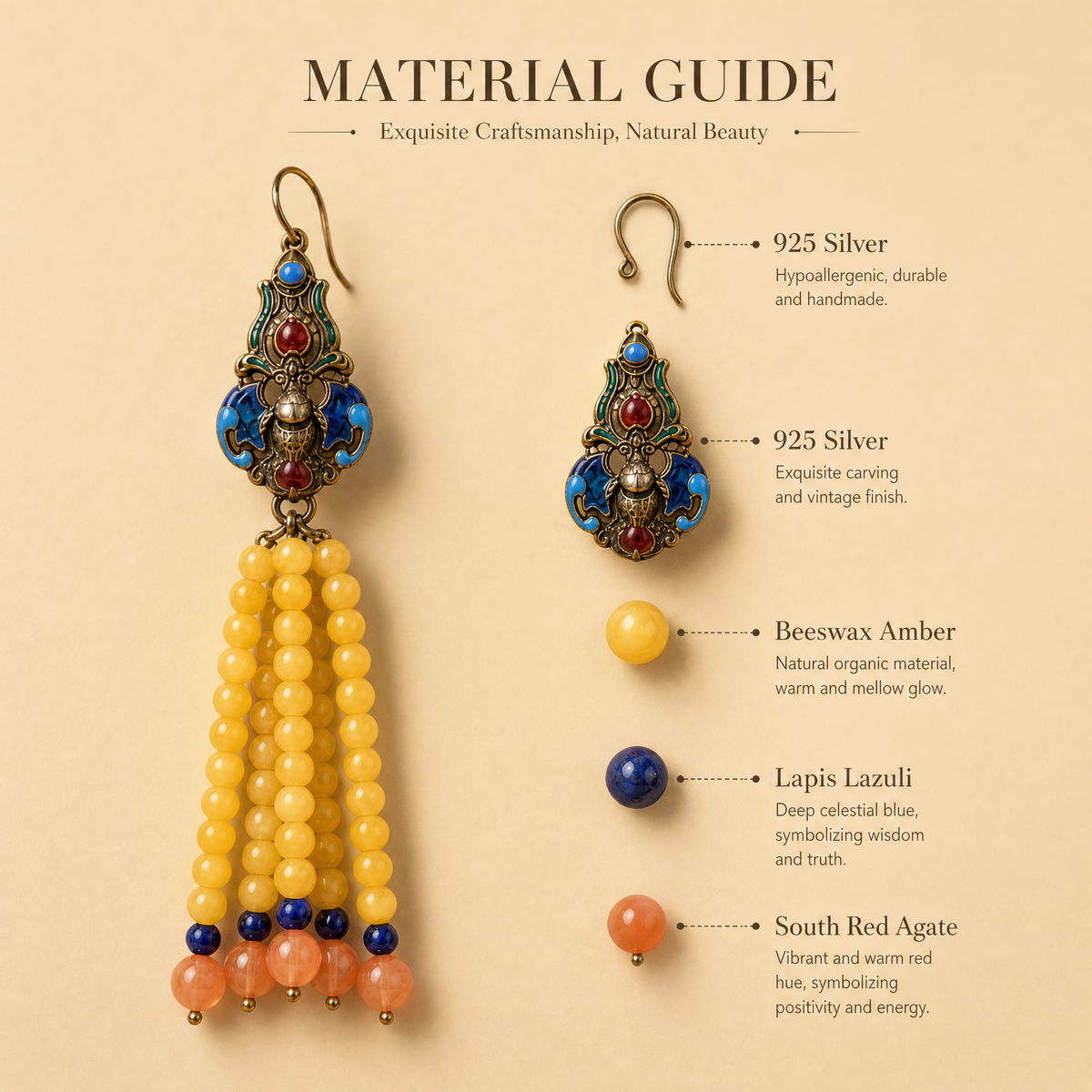 Vintage Enamel & Beeswax Amber Tassel Earrings