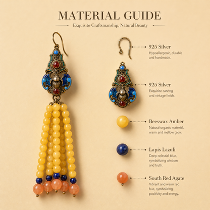 Vintage Enamel & Beeswax Amber Tassel Earrings