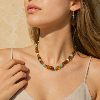 Amber & Turquoise Necklace & Earrings Set