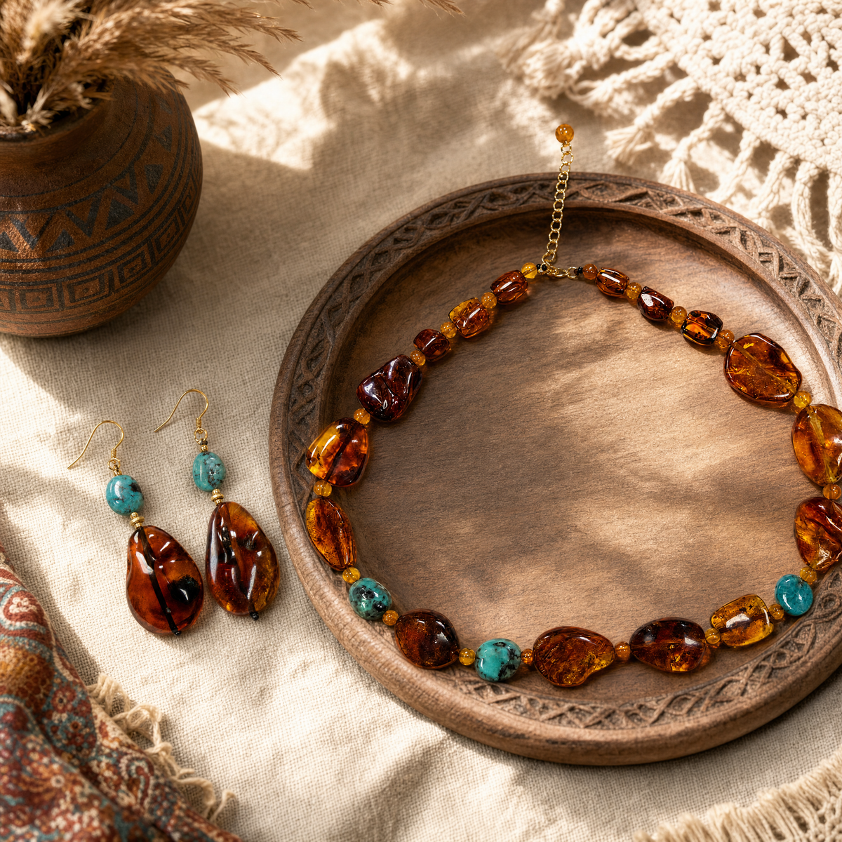 Amber & Turquoise Necklace & Earrings Set