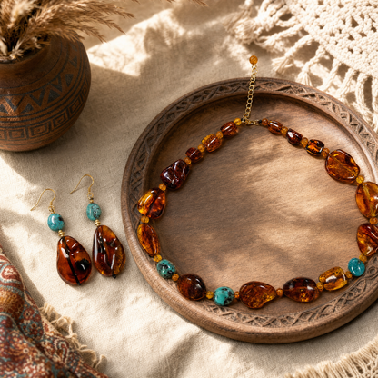 Amber & Turquoise Necklace & Earrings Set